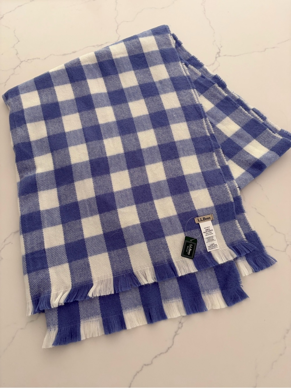 LL Bean's Blanket Scarf Women's Larkspur Blue & White Buffalo Brand New 80”X40”